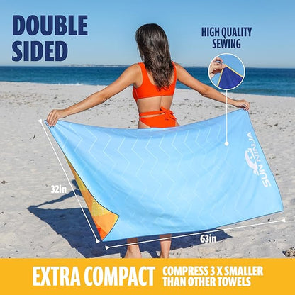 SUN NINJA Microfiber Beach Towel - Sand Free, Quick Dry, Lightweight & Compact for Beach, Pool, Yoga and Camping - 63x32 inch Super Absorbent, Large Sand Free Swim Towels for Adults and Kids