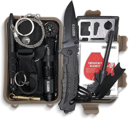 COLSEN 13 in 1 Survival Kit | Professional Outdoor Tactical Gadgets | Gear Tool Equipment Supplies | Essential Accessories for Hiking Camping Climbing Adventures | Gifts for Him Husband Boyfriend Men