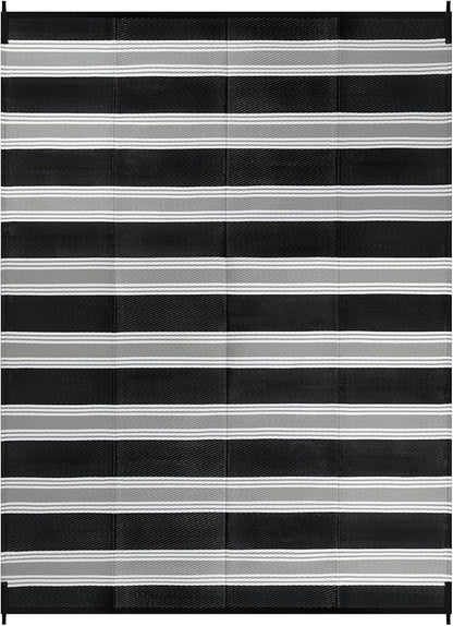 Lahome Striped Outdoor Plastic Straw Rug, Reversible Outdoor Rug Waterproof 9x12 Rugs for Patio, RV Camping Rug Picnic Mat Outside Large Carpet for Beach Deck Backyard Balcony(Black/Grey,9'x 12')