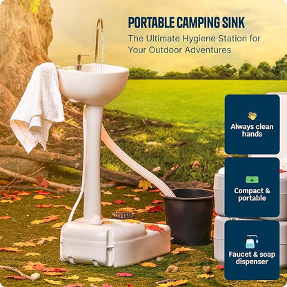 Alpcour Portable Camping Sink – Indoor/Outdoor Travel Hygiene Station with Basin, Running Faucet, Soap Dispenser, Towel Rack, Drain Hose, Hands-Free Foot Pump, Stakes & Carry Bag – 17L Water Capacity