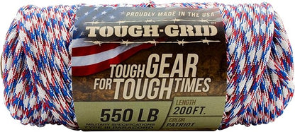 TOUGH-GRID Premium Patriot Paracord 550 lbs Made in USA Outdoor Survival Nylon Rope Tactical Heavy Duty Strands Parachute Cord Used by US Military Type III Mil-Spec