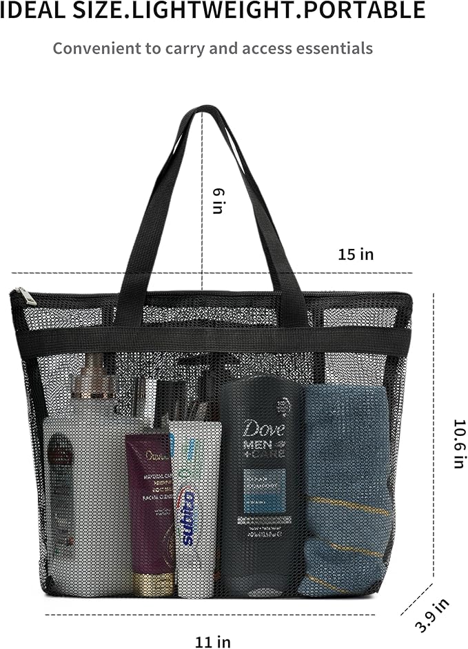 Portable Mesh Shower Caddy Tote Bag Hanging Toiletry Bag with Zipper for Travel, Bath, Gym, Beach, Camping, Swimming, Sunscreen, Dorm (Black)