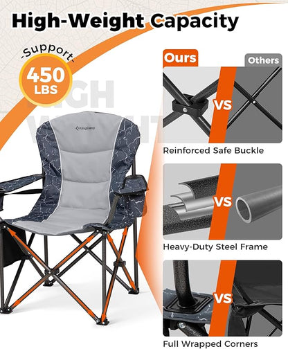KingCamp Oversized Camping Folding Chair, Heavy Duty 450 LBS with Lumbar Support, Padded seat with Cup Holder&Cooler Bag, Ideal for Camp, Fishing, Sports Event, Backyard, Patio, Lawn (Lava Grey)