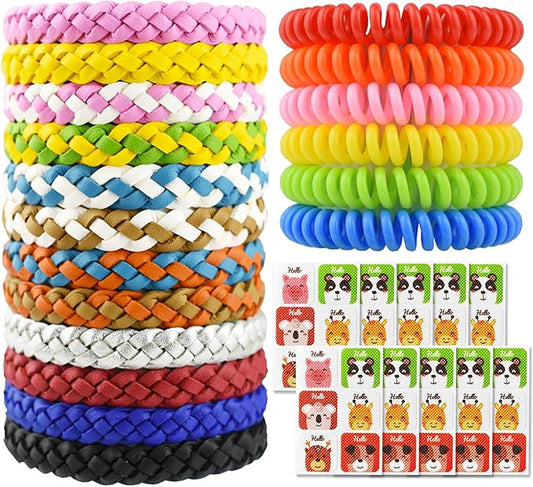 78 Pcs Set 12 Pack Leather Braid Natural Mosquito Repellent Bracelets + 6 Pack Waterproof Bug Insect Wristbands with 60 Mosquito Patches Stickers for Kids Adult Outdoor Camping Fishing Traveling