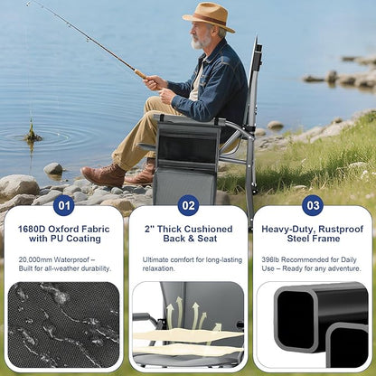 XL Heavy Duty Camping Chair 396lb Capacity (525lb MAX) - Waterproof 1680D Oxford - Oversized 2" Thick Padded Seat with Cup Holder & Cooler - Portable for Camping, Beach, Tailgating Taupe/Olive