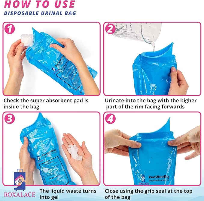 ROXALACE® Resealable Disposable Urinal Bags, 12 Pack 1000 ml Unisex Urine Bag Travel Traffic Jam Emergency Urinals Bag, Camping Pee Bags, Portable Toilet Pee Bags for Men Women Kids Patient
