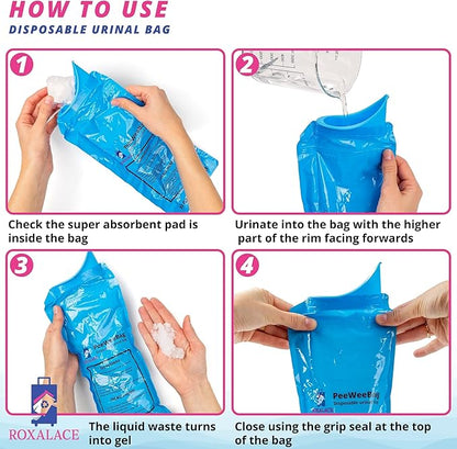 ROXALACE® Resealable Disposable Urinal Bags, 12 Pack 1000 ml Unisex Urine Bag Travel Traffic Jam Emergency Urinals Bag, Camping Pee Bags, Portable Toilet Pee Bags for Men Women Kids Patient