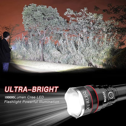LED Rechargeable Flashlight, 100000 High Lumen Zoomable Tactical Flashlights with 4 Light Modes & Batteries, Super Bright Waterproof Work Flash Light for Outdoor Camping Hiking