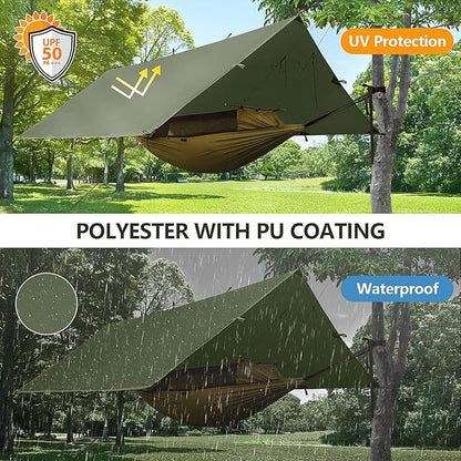 FREE SOLDIER Camping Tarp Waterproof Portable Tarp Multifunctional Outdoor Camping Traveling Awning Backpacking Tarp Shelter Rain Tarp (Dark Green 10×10.5ft)
