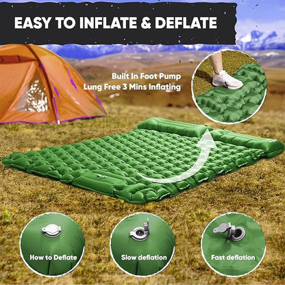 POWERLIX Double Camping Sleeping Pad Camping Pad for 2 Person with Pillow Built-in Foot Pump Inflatable Sleeping Pad for Camping, Backpacking, Hiking, Portable Camping Mattress Green