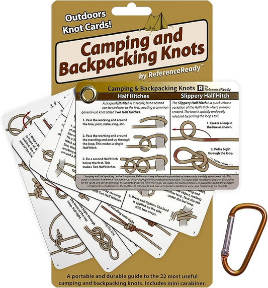 Outdoor Knots - Waterproof Knot Tying Cards with Mini Carabiner - Includes 22 Rope Knots for Camping, Backpacking, & Scouting Scenarios