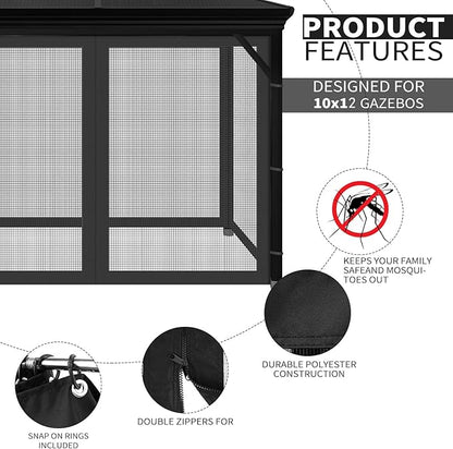 Gazebo Universal Replacement Mosquito Netting, 10' x 12' Outdoor Mesh Netting Screen 4-Panel Sidewall with Zipper for Patio Canopy Garden Porch Pergolas and Backyard, Black(Mosquito Net Only)