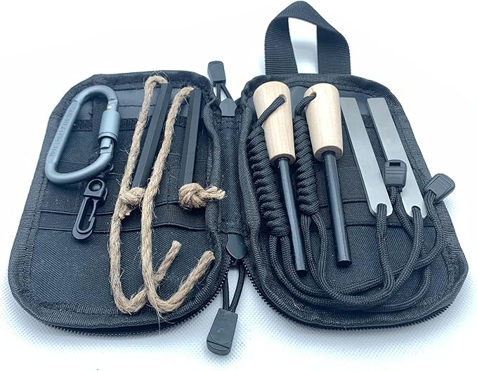 Flint and Steel Fire Starter Kit, OTXEER Ferro Rods Magnesium Fire Starter Survival Tool Camping Emergency Fire Lightning Striker, Tinder Wick Rope, Multifunctional Outdoor Bag Hook
