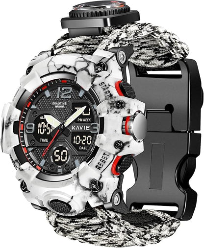 23-in-1 Survival Military Digital Watch, Mens Tactical Multi-Functional and Adjustable Wristband Outdoors Waterproof Sports Dual Dial Watches with Compass Paracord Band