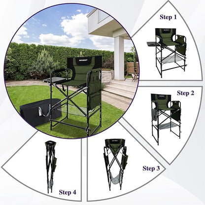 Tall Folding Directors Chair with Side Table 30.71" Seat Height Foldable Camping Chair Bar Stool for Makeup Artist Face Painting with Footrest and Storage Pocket Supports 350LBS