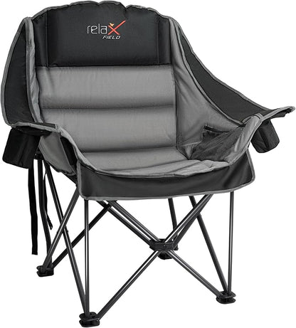 Oversized Camping Chair, Portable Folding Padded Camp Chairs with Side Pocket, Cup Holder, Heavy Duty Support 500LBS Outdoor Lounge Chair for Adults, Fishing, Sports, Trip, Black