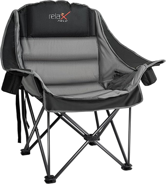 Oversized Camping Chair, Portable Folding Padded Camp Chairs with Side Pocket, Cup Holder, Heavy Duty Support 500LBS Outdoor Lounge Chair for Adults, Fishing, Sports, Trip, Black