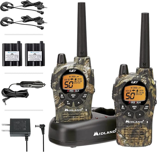 Midland – Handheld GMRS 50 Channel Two-Way Radio - Long Range Walkie Talkies with Rechargeable Batteries - GXT1050VP4 - Hiking Hunting Camping Gear – Boom Mic headsets - Mossy Oak Camo – Combo 2 Pack