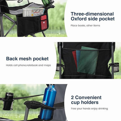 HIGH POINT SPORTS Oversized Camping Folding Outdoor Chair with Armrest, Collapsible Portable Lawn Chair with Cup Holder for Adults Support 350 LBS, Gray-Black