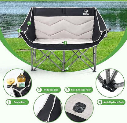 Nice C Loveseat Camping Chair, Double Camping Chair, Outdoor Camping Couch, Oversized Camping Loveseat, Padded Folding Chair for Adults, with Cooler Bag, Wine Glass Holder (Black&Grey)