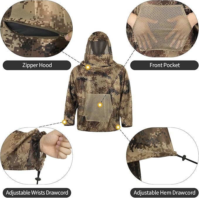 Mosquito Net Suit Camo Hunting Mesh Suit Bug Net Clothing with Hood Outdoor Protection No-See-Ums Garden Camping