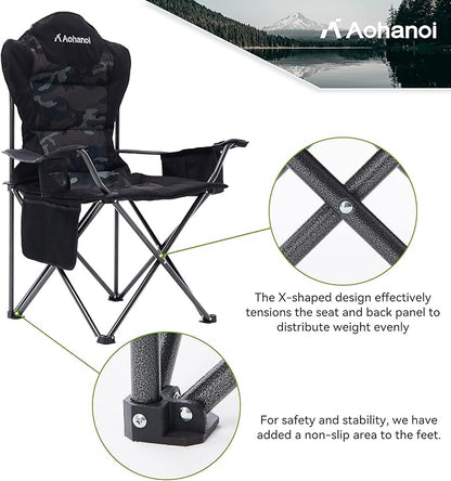 Camping Chairs for Heavy People, Folding Chairs for Outside Outdoor Folding Chairs with Cup Holder & Cooler Bag, Camp Chairs Supports up to 300lbs (1 PC, Camo)