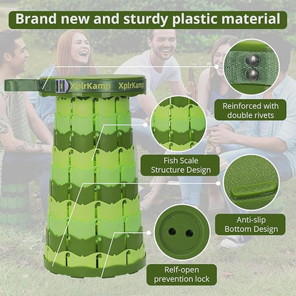 Retractable Folding Stool - Heavy Duty 400 lb Collapsible Portable Stool for Camping, Hiking, Fishing, Indoor/Outdoor with Non-Slip Base and Lightweight Design (Light Green, 1-Pack)
