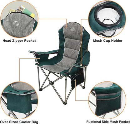 Camping Chairs for Adults,High Back Folding Camp Chair with Cup Holder and Cooler Bag,Heavy Duty Outdoor Lawn Chairs,Perfect for Camping,Hiking,Picnics,and Beach Trips,Dark Green…