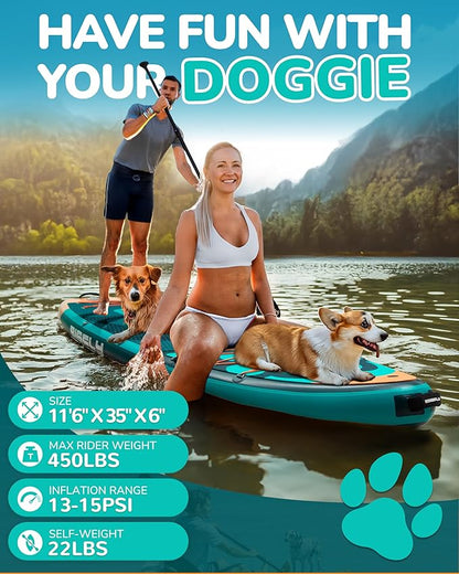 11'6×35" Super Wide Inflatable Stand Up Paddle Board, Ultra Stable Wide SUP for 2+1 People/Family/Big Size, 100L Backpack, All-Round Sup Board, US Big Fin