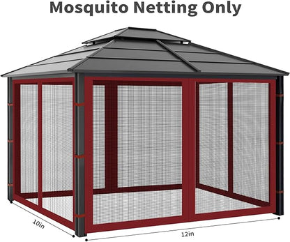 Gazebo Replacement Mosquito Netting Outdoor Universal Gazebo Canopy 4-Panels Screen Sidewalls with Zipper for Patio Garden (Red, 10x12)