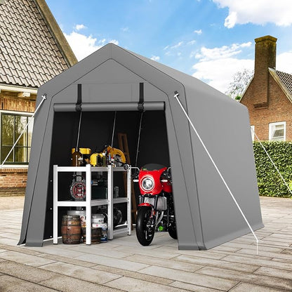 Garvee 7 ft x12 ft Outdoor Portable Storage Shed, Waterproof & UV-Resistant Garage Shelter with 2 Roll-Up Zipper Doors, Anti-Snow Carport Tent for Motorcycle, Bike, and Outdoor Equipment, Gray