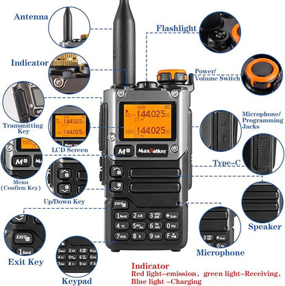 TK-6 5W Ham Radio Handheld Long Range with 1600mAh Type-C Charging Battery, UHF VHF FM AM Multi-Band Two Way Radio with NOAA Weather Forecast