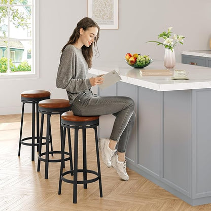 IDEALHOUSE 30'' Swivel Bar Stools Set of 2 with Footrest, Modern Counter Height Barstools with PU Leather Upholstered and Metal Frame, Backless Round Bar Stools for Kitchen Island, Brown