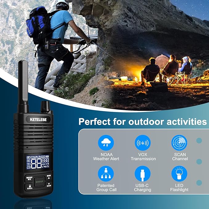 Walkie Talkies Long Range for Adults, Portable FRS Two Way Radio, Long Distance Waki Taki with Earpiece, USB, NOAA, VOX, Group Call for Cruise Ships, Camping, Restaurant, Hunting (2 Pack), Black