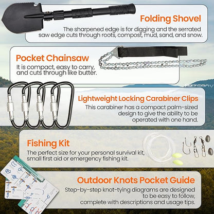 Emergency Survival & First Aid Kit & Tourniquet - 250 PCS Go Bugout Bag Survival Gears with Compass Flashlight Shovel - Tactical Military Grade EDC Backpack for Outdoor Camping Scout