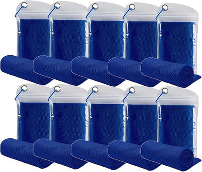 10 Pack Cooling Towels Bulk Microfiber Ice Towel Quick Dry Breathable Chilly Sweat Towel Stay Cool Towel for Neck Face Yoga Gym Workout Running Beach with Carabin Bag, 40x12'', Dark Blue