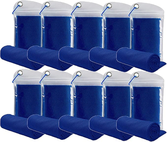 10 Pack Cooling Towels Bulk Microfiber Ice Towel Quick Dry Breathable Chilly Sweat Towel Stay Cool Towel for Neck Face Yoga Gym Workout Running Beach with Carabin Bag, 40x12'', Dark Blue