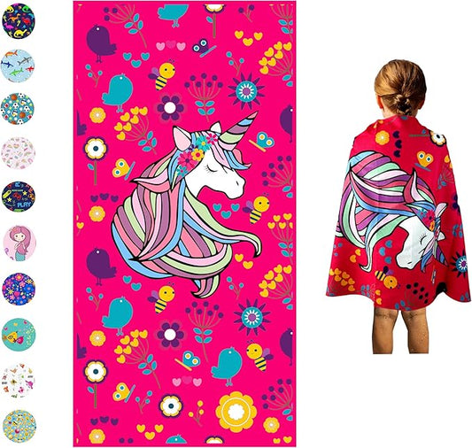 Microfiber Beach Towel for Kids - Thin and Large (30"x60") - Unicorn Hot Pink - Absorbent, quick dry, sand free, lightweight - toddler, girls, boys - For Sports, Pool, Picnic, Camping, Travel, Swim
