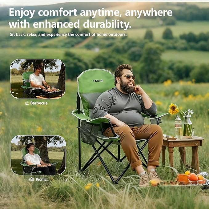 XMT Extra Wide Armrests Portable Folding Chair with Cup Holder Cooler Bag Heavy Duty 600D Oxford Fabric Supports 450lbs Compact Foldable Camping Chair for Outdoor Beach Picnic Sports