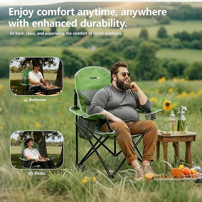 XMT Extra Wide Armrests Portable Folding Chair with Cup Holder Cooler Bag Heavy Duty 600D Oxford Fabric Supports 450lbs Compact Foldable Camping Chair for Outdoor Beach Picnic Sports