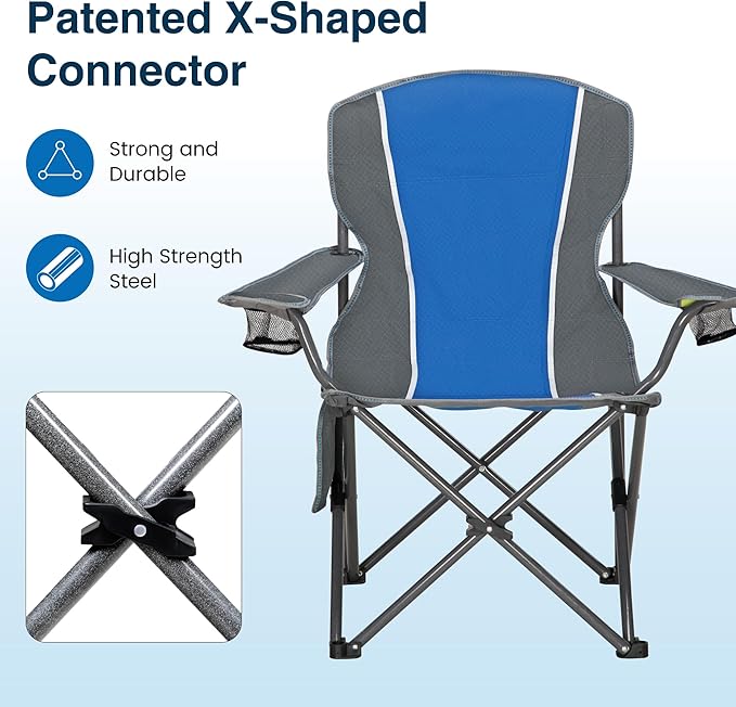 HIGH POINT SPORTS Portable Camping Chair, Heavy Duty Outdoor Folding Chair with Armrest, Foldable Camp Chair with Cup Holder for Camping, Support 350 LBS, Blue-Gray, 2 Pack
