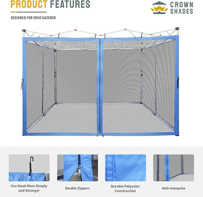CROWN SHADES Gazebo Mosquito Net for 10 x 10 Pop Up Canopy - Patio Gazebo Mesh Sidewall with Zipper for Outdoor Tent, Garden and Backyard (4 Packs, Blue