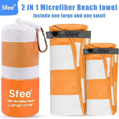 Sfee 2 in 1 Microfiber Beach Towel, Quick Dry Towel Camping Towel Travel Towel Super Absorbent Compact Lightweight Sports Towel Gym Towel Set for Beach, Gym, Hiking, Pool, Backpacking, Bath, Yoga