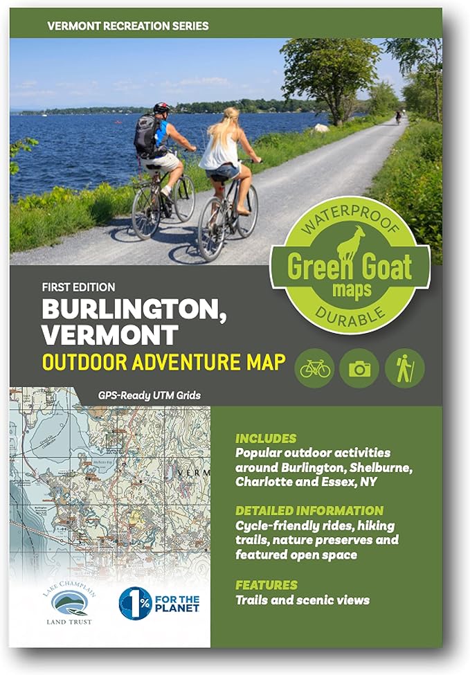 Burlington Vermont Outdoor Adventure Map | Burlington Hiking Map | Hiking trails of Shelburne, VT and Essex, NY | Durable, Waterproof & Tear Resistant