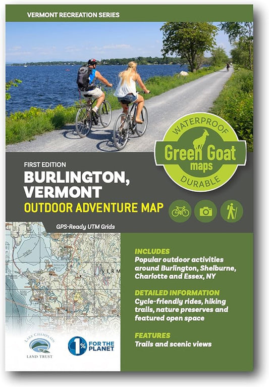 Burlington Vermont Outdoor Adventure Map | Burlington Hiking Map | Hiking trails of Shelburne, VT and Essex, NY | Durable, Waterproof & Tear Resistant