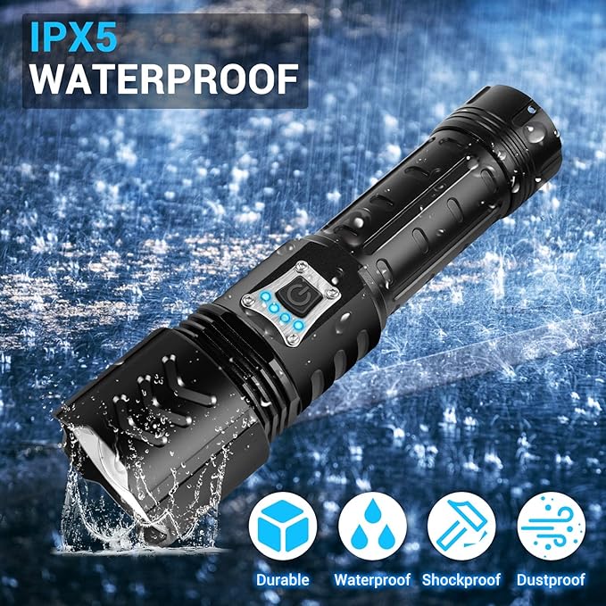 BESTSUN LED XHP90 Flashlight, 20000 Lumens XHP90 Tactical Handheld Flashlights Powerful Rechargeable XHP90 LED Torch 5 Modes Adjustable Zoomable Waterproof Lamp for Hiking Camping Hunting