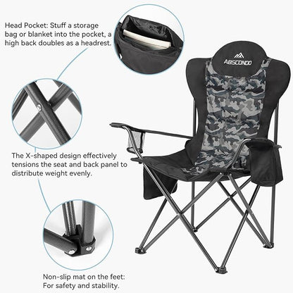 ABSCONDO Camping Chairs for Adults, Oversized Folding Camp Chair for Outdoor with Cup Holder & Cooler Bag, XL Heavy Duty Lawn Chairs Supports up to 350lbs (2 Pcs)
