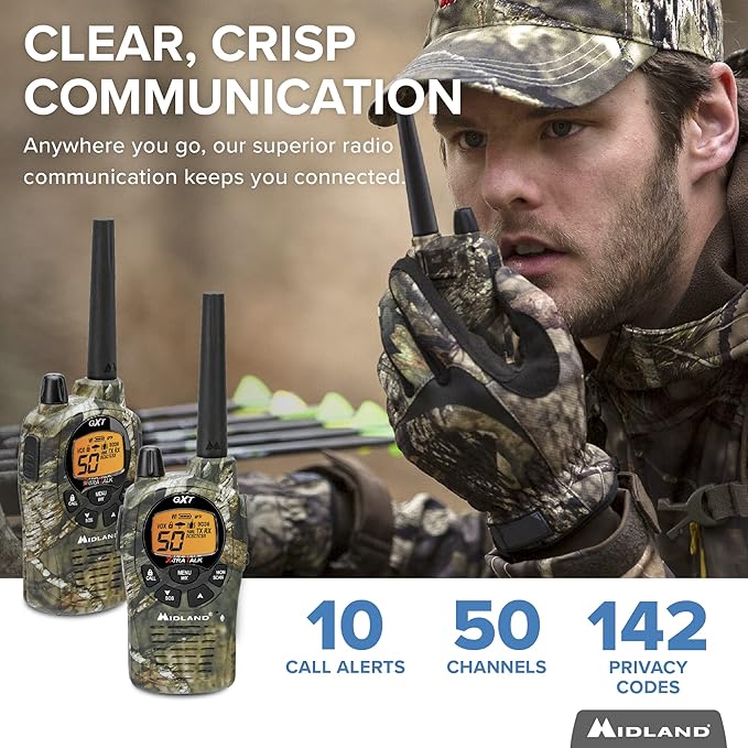 Midland – Handheld GMRS 50 Channel Two-Way Radio - Long Range Walkie Talkies with Rechargeable Batteries - GXT1050VP4 - Hiking Hunting Camping Gear – Boom Mic headsets - Mossy Oak Camo – Combo 2 Pack
