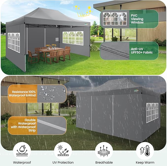 COBIZI 10x15 Heavy Duty Pop up Canopy Tent with 4 sidewalls Commercial Outdoor Canopy Wedding Party Tents for Wedding All Season Wind & Waterproof Gazebo with Carry Bag, Gray(Frame Thickened)