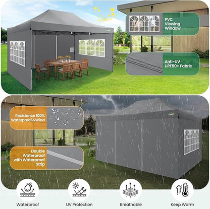 COBIZI 10x15 Heavy Duty Pop up Canopy Tent with 4 sidewalls Commercial Outdoor Canopy Wedding Party Tents for Wedding All Season Wind & Waterproof Gazebo with Carry Bag, Gray(Frame Thickened)